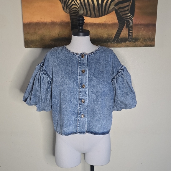 Casual Denim Puff Sleeve Blouse - Picture 1 of 7